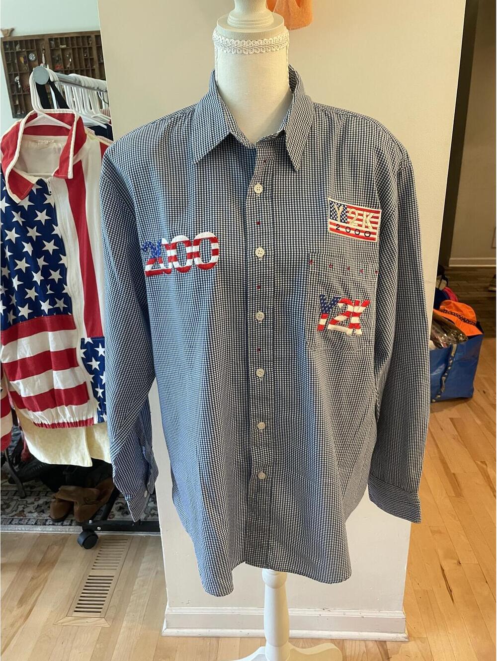 Vintage Get Lucky Y2K 2000 Patriotic Gingham Button-Up Shirt Large